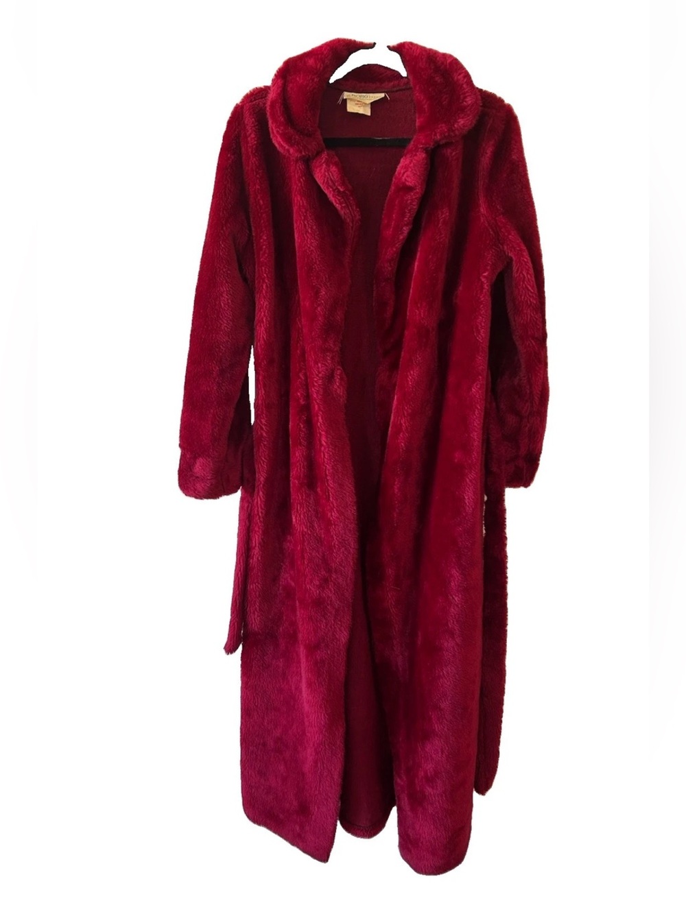 Vintage 70s A Borg Fabric Burgundy Plush Maxi Robe Jacket Duster Belted USA M